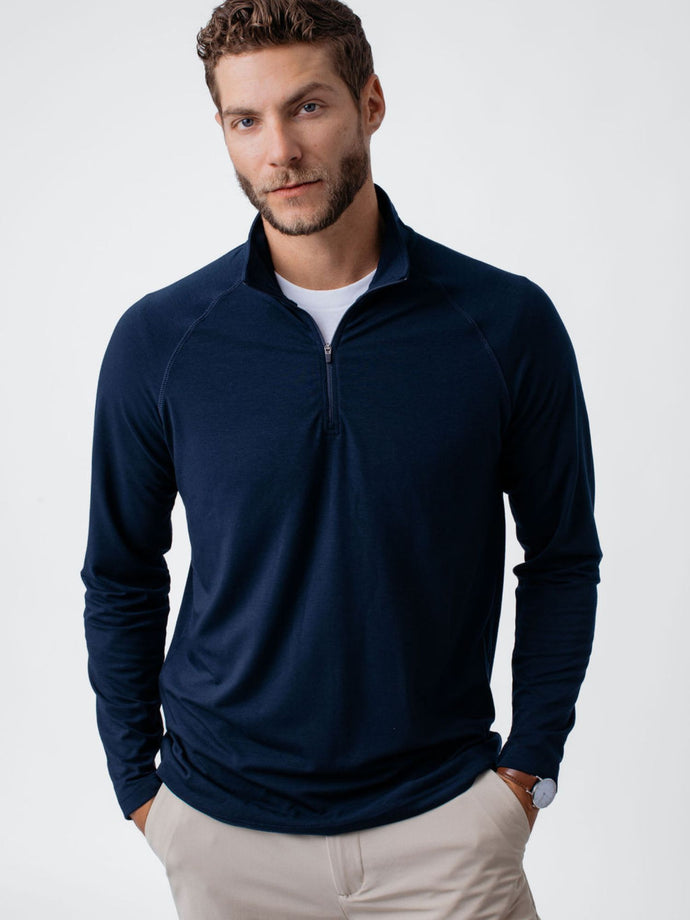 Joe is 6'2, 177LBS and wears a size L # Men's Navy Performance Quarter Zip | Fresh Clean Threads