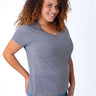 Micah is 5'9, size 10 and wears a size L # Women's V-Neck in Heather Grey | Fresh Clean Threads