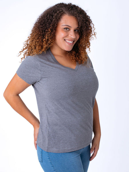 Micah is 5'9, size 10 and wears a size L # Women's Best V-Neck Tees 4-Pack | Fresh Clean Threads