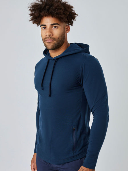 Joe is 6', 180LBS and wears a size L # Navy Performance Hoodies | Fresh Clean Threads