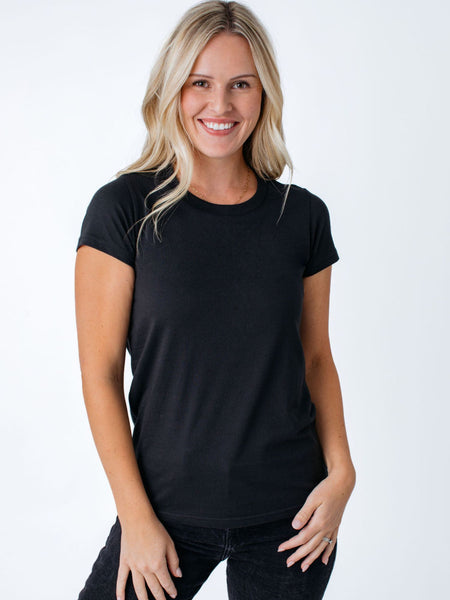 Maddy is 5'8", size 4 and wears a size S # Women's Tees | Black Crew Neck | Fresh Clean Thread