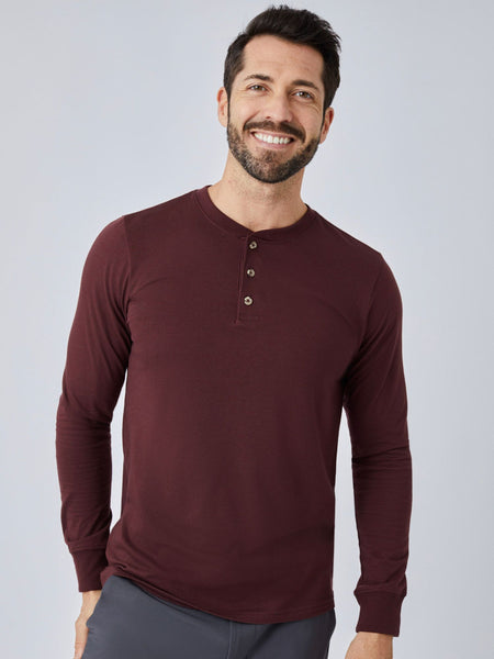 Patrick is 5'10", 163LBS and wears a size M # Port Red Long Sleeve Henley Studio Model Front Angle | Fresh Clean Threads