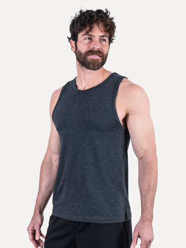 Matt is 6'1, 195LBS and wears a size M # Charcoal Pacific Beach Tank Top | Model is 6'1" and wears size Medium | Fresh Clean Threads