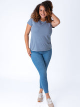 Micah is 5'9, size 10 and wears a size L # Crew Neck Tee for Women | Fresh Clean Threads