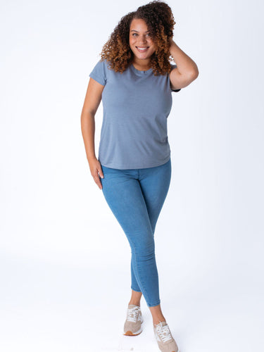 Micah is 5'9, size 10 and wears a size L # Crew Neck Tee for Women | Fresh Clean Threads