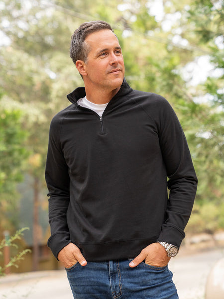 Ben is 6'1, 180lbs and wears a size M # Black Quarter Zip Lifestyle Size Medium | Fresh Clean Threads