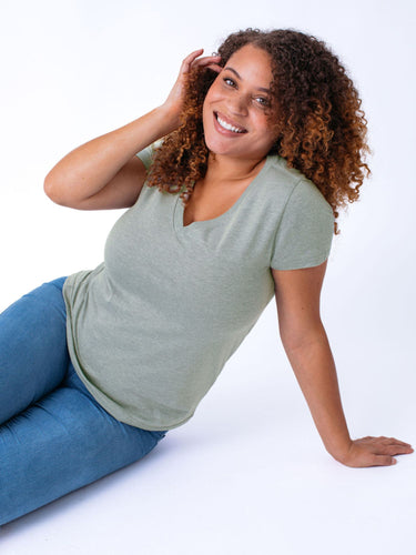 Micah is 5'9, size 10 and wears a size L # Women's Tee | Vintage Green V-Neck | Fresh Clean Threads