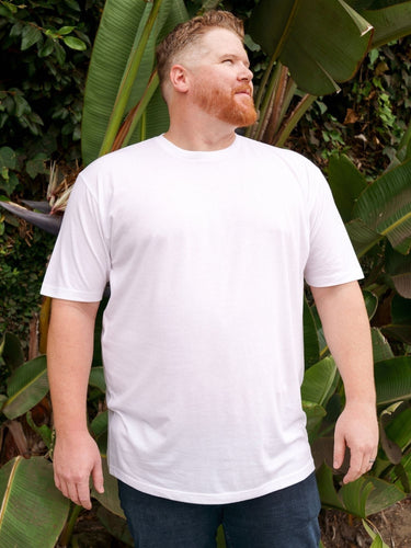 Brent is 6'3, 300LBS and wears a size 2XL # Tall Crew Basic 5-Pack | White Lifestyle Size 2XL | Fresh Clean Threads