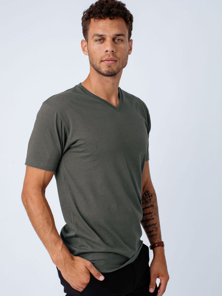 Color, collar, and fit endure wash after wash # Men's Stone Green V-Neck | Fresh Clean Threads