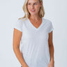 Maddy is 5'8", size 4 and wears a size S # Women's V-Neck in White | Fresh Clean Threads