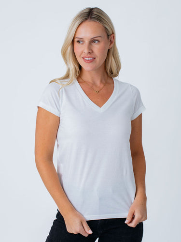 Maddy is 5'8", size 4 and wears a size S # Women's Basics All White V-Neck 3-Pack | Fresh Clean Threads