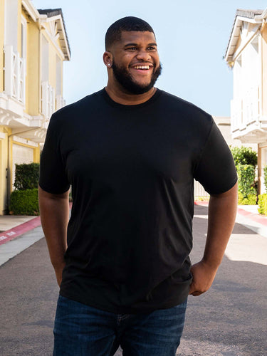 Steven is 6', 275lbs and wears a size 3xl # Staples 5-Pack Lifestyle Size 3XL | Fresh Clean Threads