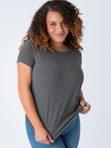 Micah is 5'9, size 10 and wears a size L # Women's Carbon Grey Crew Tee | Fresh Clean Threads
