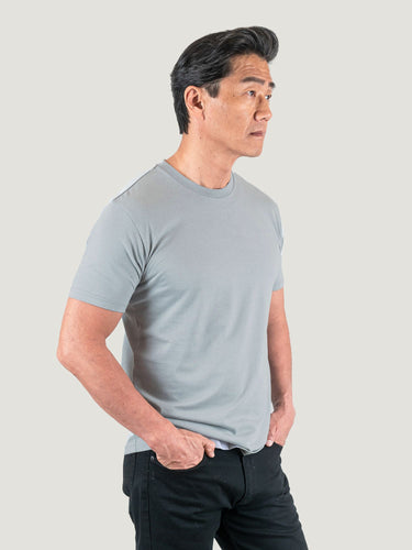 Phil is 6'1, 185lbs and wears a size M # Fog Grey Crew Neck Studio Size Medium Right Side | Fresh Clean Threads