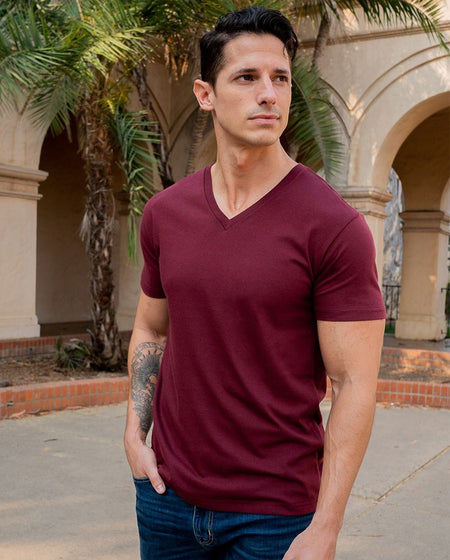 Tyler is 5'11, 175lbs and wears a size M # Saver's V-Neck 3-Pack | Tyler wears size Medium | Fresh Clean Threads