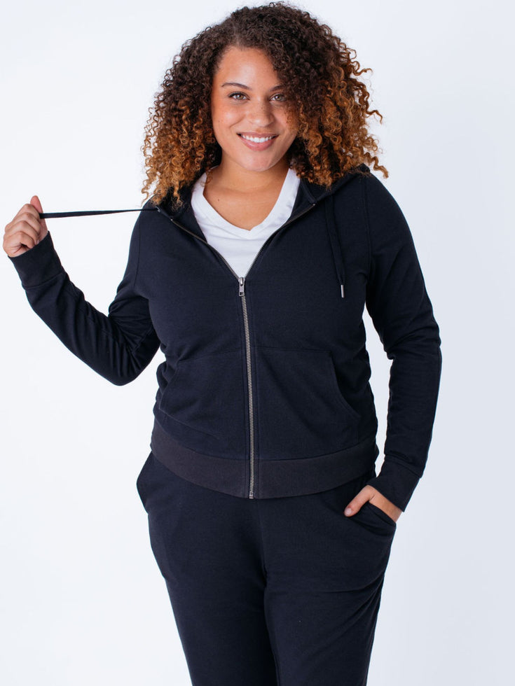 Women's Sweater | Black Terry Zip-Up Hoodie | Fresh Clean Threads
