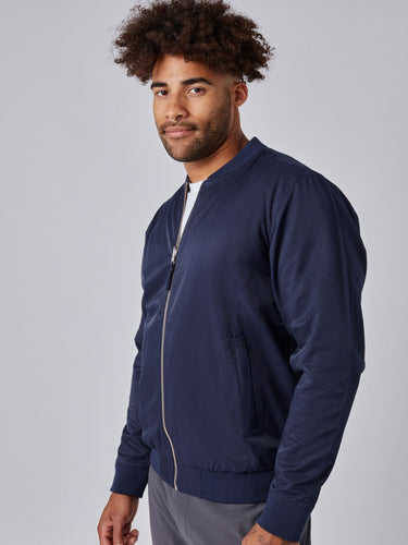 Joe is 6', 180LBS and wears a size L # Navy/Charcoal Reversible Bombers | Fresh Clean Threads