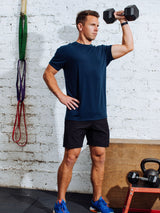 Brad is 5'9", 170LBS and wears a size M # Navy Performance Crew Lifestyle Model Size M | Fresh Clean Threads