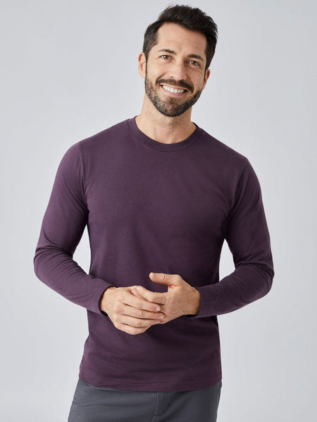 Patrick is 5'10", 163LBS and wears a size M # Nordic Purple Long Sleeve Tee | Fresh Clean Threads