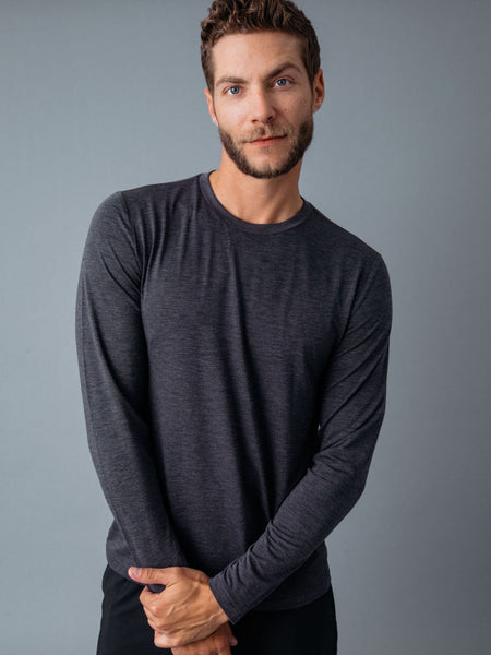 Joe is 6'2, 177LBS and wears a size L # Charcoal Performance Long Sleeve | Fresh Clean Threads