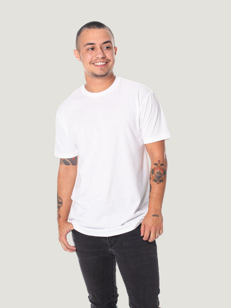 alex is 5'3, 130 lbs and wears size s # White Crew Neck Tee | Alex wears size Small tees