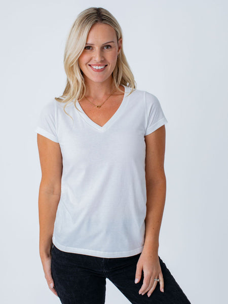 Maddy is 5'8", size 4 and wears a size S # Black Friday Women's V-Neck 5-Pack | White V-Neck Tee | Fresh Clean Threads