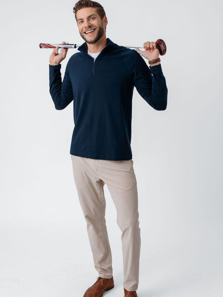 Joe is 6'2, 177LBS and wears a size L # Navy Performance Quarter Zip | Men's Activewear | Fresh Clean Threads