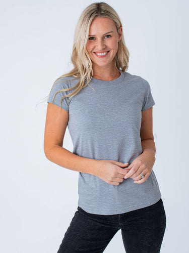 Maddy is 5'8", size 4 and wears a size S # Women's Heather Grey Crew | Fresh Clean Threads