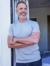 Jamie is 6'2, 200lbs and wears a size M # Fog Grey Crew Neck | Model is wearing size medium | Fresh Clean Threads