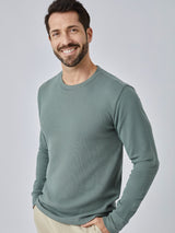 Patrick is 5'10", 163LBS and wears a size M # Mercury Green Thermal Long Sleeve Crew Model Size Medium Studio Image | Fresh Clean Threads