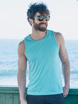 Matt is 6'1, 195LBS and wears a size M # Sky Pacific Beach Tank Top | Model wears size Medium | Fresh Clean Threads