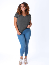 Micah is 5'9, size 10 and wears a size L # Women's Grey V-Neck | Fresh Clean Threads