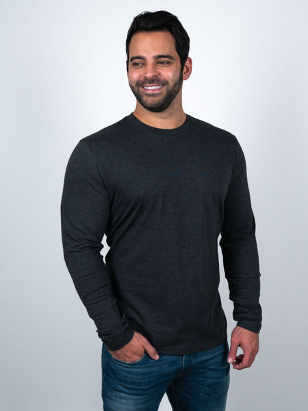Bijan is 5'11, 185lbs and wears a size L # Long Sleeve Crew Staples Charcoal Long Sleeve Crew | Model Size L | Fresh Clean Threads