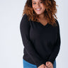 Micah is 5'9, size 10 and wears a size L # Women's Black Long Sleeve V-Neck Tees | Fresh Clean Threads