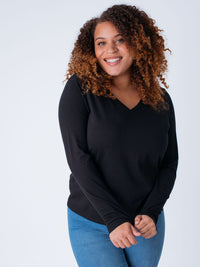 Micah is 5'9, size 10 and wears a size L # Women's Black Long Sleeve V-Neck Tees | Fresh Clean Threads