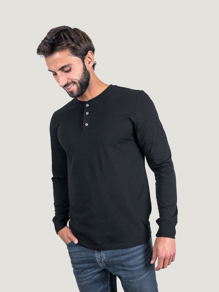 Pasha is 6' 180 lbs and wears a size M # Black Long Sleeve Henley Model | All Black Long Sleeve Henley 3-Pack