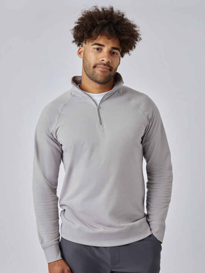 Joe is 6', 180LBS and wears a size L # Vintage Grey Quarter Zip | Studio Model Image Front Angle | Fresh Clean Threads