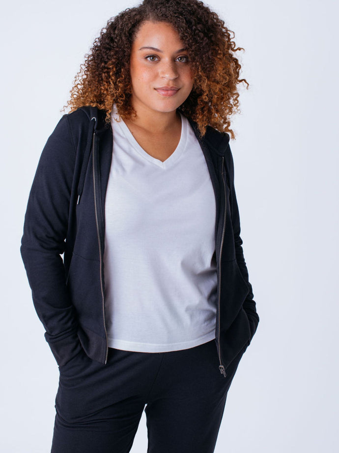 Micah is 5'9, size 10 and wears a size L # Women's Sweatshirt | Black Terry Zip-Up Hoodie | Fresh Clean Threads