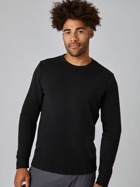 Joe is 6', 180LBS and wears a size L # Black Thermal Long Sleeve Crew Studio Front Angle | Model Size Large | Fresh Clean Threads
