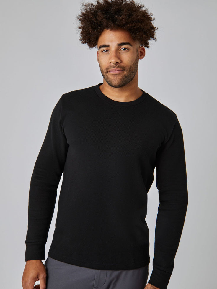 Black Thermal Long Sleeve Crew Studio Front Angle | Model Size Large | Fresh Clean Threads