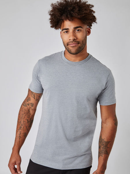 Joe is 6', 180LBS and wears a size L # Heather Grey Crew Neck Tee | Model Size Large | Fresh Clean Threads