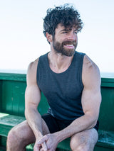 Matt is 6'1, 195LBS and wears a size M # Charcoal Pacific Beach Tank Top | Model wears size Medium | Fresh Clean Threads