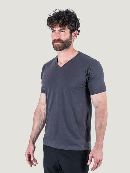 Matt is 6'1, 195LBS and wears a size M # Vintage Black V-Neck 3-Pack Tees | Model is size Medium | Fresh Clean Threads
