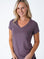 Maddy is 5'8", size 4 and wears a size S # Women's Tees | Purple Galaxy V-Neck | Fresh Clean Threads