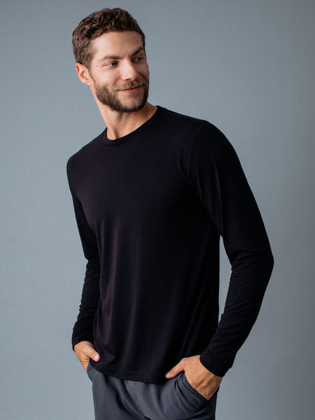 Joe is 6'2, 177LBS and wears a size L # Men's Performance Long Sleeve Crew | Fresh Clean Threads