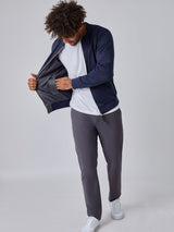 Joe is 6', 180LBS and wears a size L # Reversible Bomber Jacket in Navy/Charcoal | Fresh Clean Threads