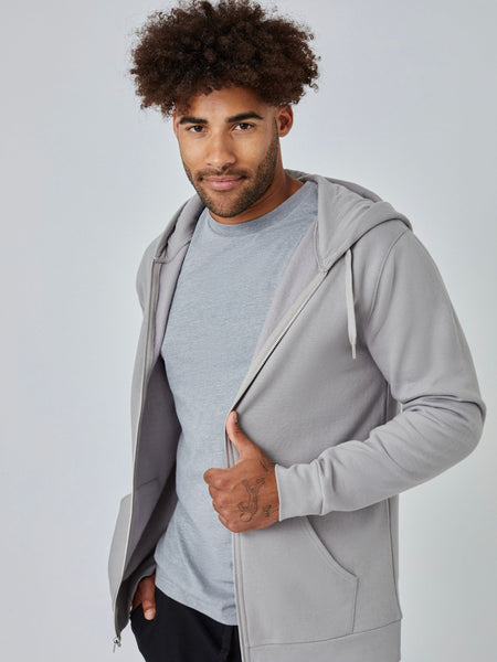 Joe is 6', 180LBS and wears a size L # Vintage Grey Zip-Up Hoodie Close-Up | Model Size Large | Fresh Clean Threads