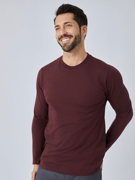 Patrick is 5'10", 163LBS and wears a size M # Port Red Long Sleeve Crew Neck Tee Model Image | Fresh Clean Threads