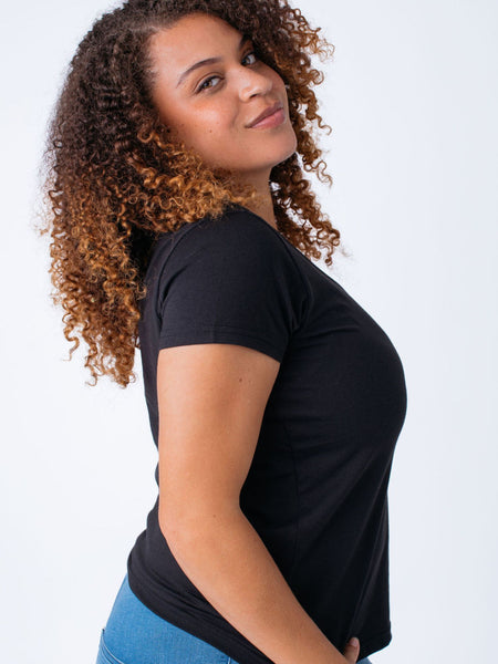 Micah is 5'9, size 10 and wears a size L # Women's Black V-Neck Tee 3-Pack | Fresh Clean Threads