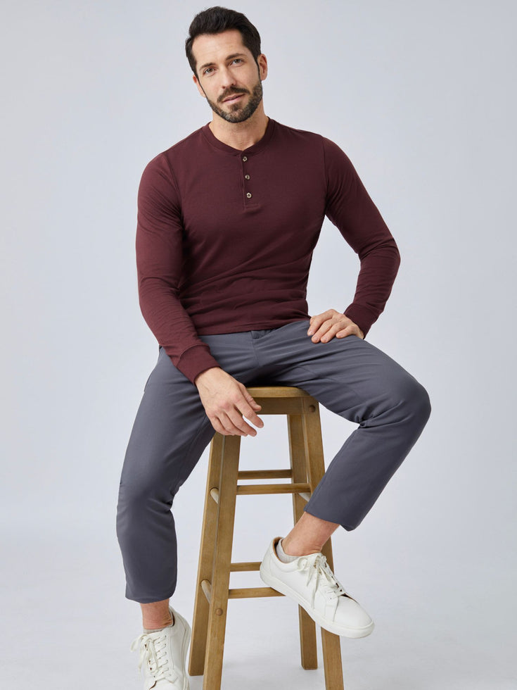 Port Red Long Sleeve Henley Studio Seated Model Image | Fresh Clean Threads